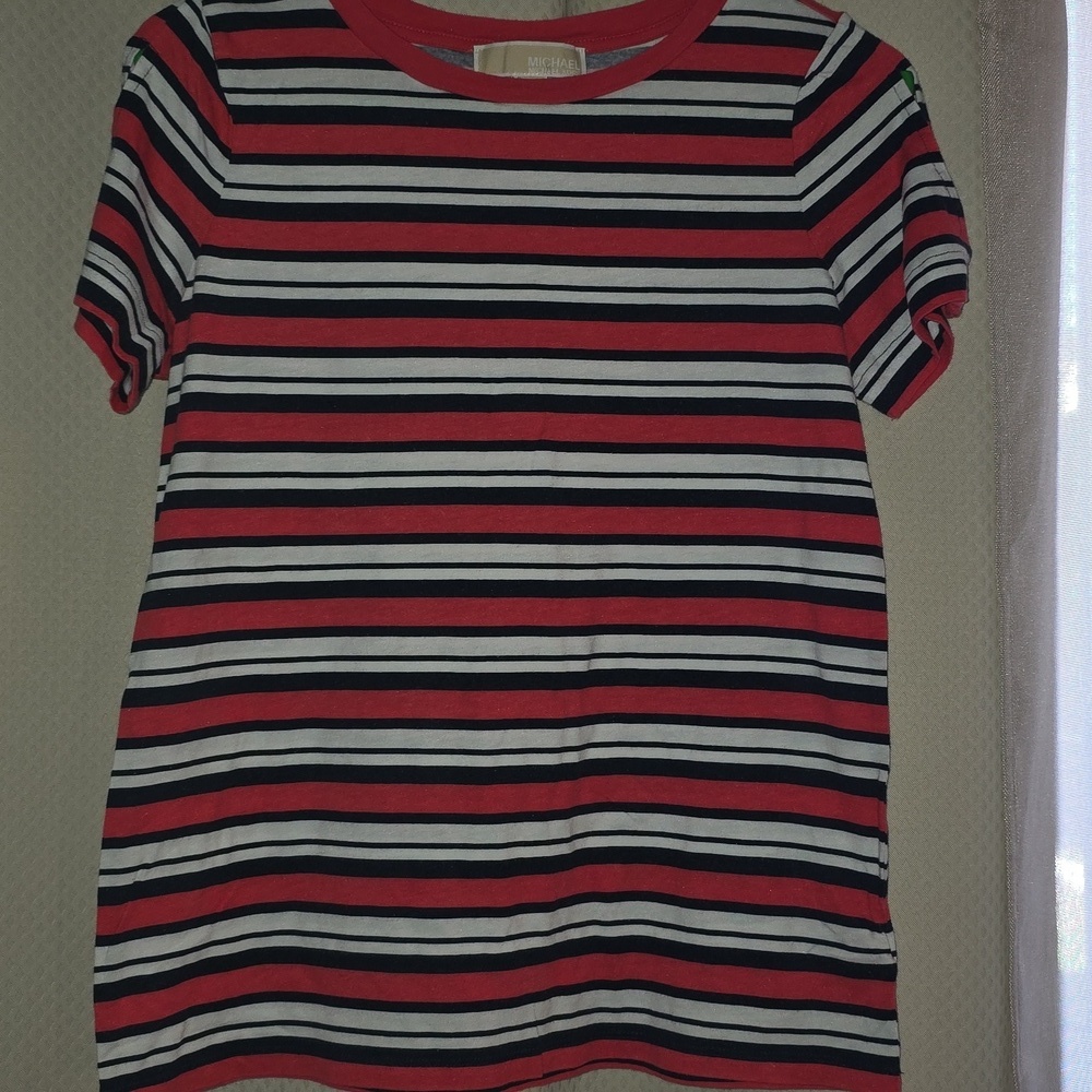 Michael Kors Navy And Coral Striped Short Sleeve Tee